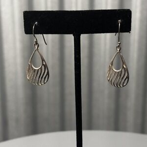 Teardrop Dangle Earrings Silver Tone Openwork Wave Design Hook Drop Boho Chic
